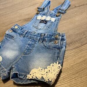 Jordache Toddler Girl 2T Denim Shortalls Lace Floral Trim Adjustable Straps